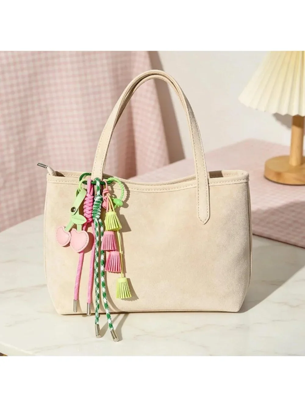 Hand-Woven Nylon Rope Keychain for Women, Pink Green Bag Charm & Accessories